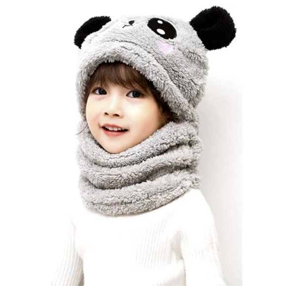 Toddler Winter Hat with Attached Funnel Scarf Embroidered Panda Grey Fleece NWT - Picture 7 of 7
